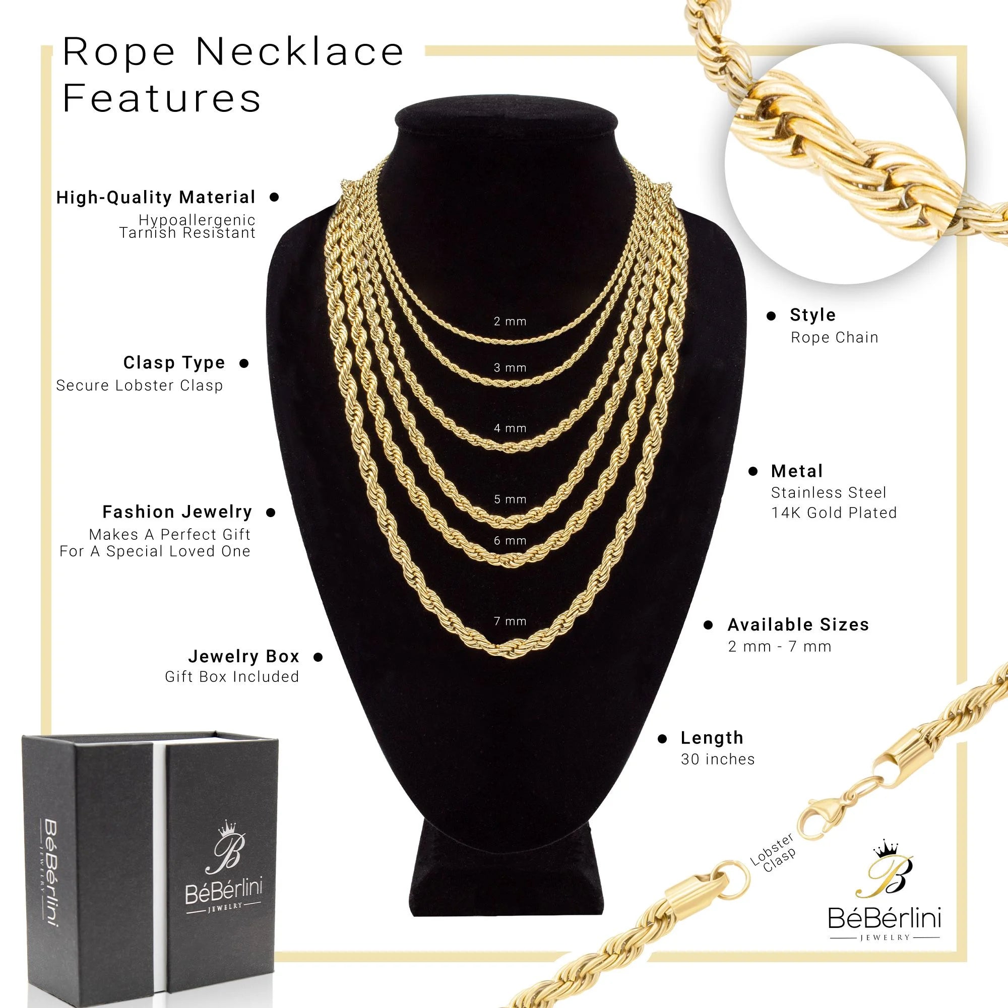 Rope Chain Necklace 14K Gold Plated Stainless Steel – Twisted Link Fashion Jewelry for Men, 24" Length, 4mm Width