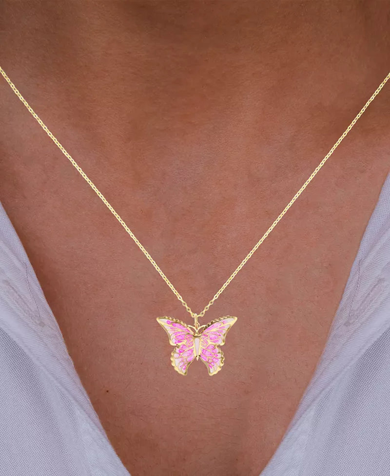 Enamel Ombré Butterfly Pendant Necklace – 18&quot; 14K Gold