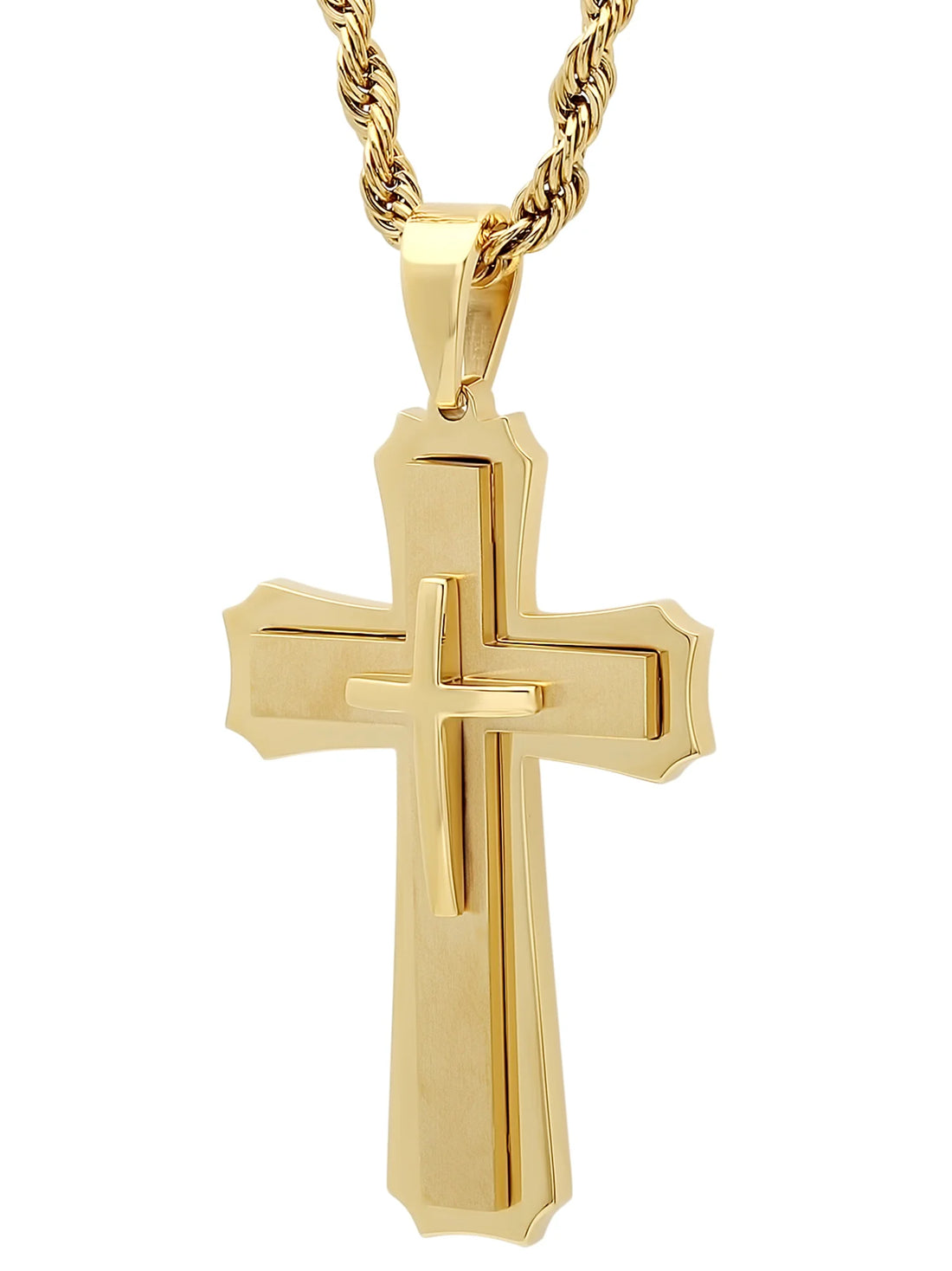 Men’s Gold-Tone Stainless Steel Stacked Cross Pendant Necklace – Layered Religious Jewelry with Chain