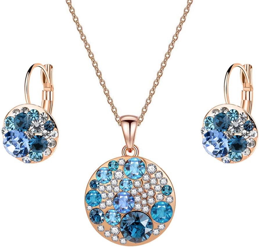 Austrian Crystal Round Disc Pendant Necklace &amp; Earrings Set – 14K Gold Plated, Hypoallergenic Jewelry for Women