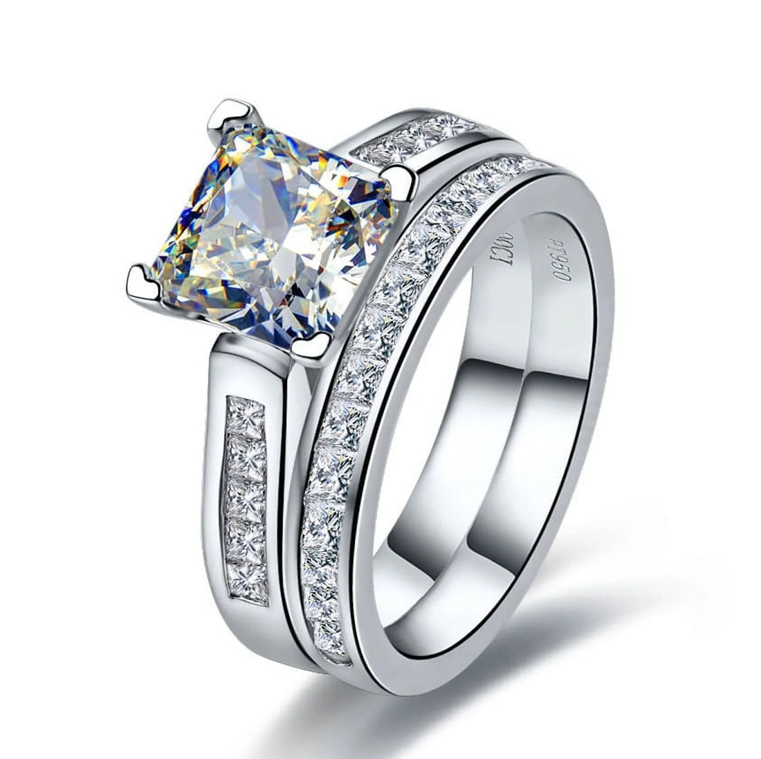2 Carat Princess Cut Moissanite Wedding Set – Bridal Engagement Ring, Channel &amp; Cluster Design in 18K White Gold over Silver