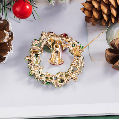 Gold Tone Wreath Brooch Pin with Green &amp; Red Austrian Crystals, Enamel, and Bell