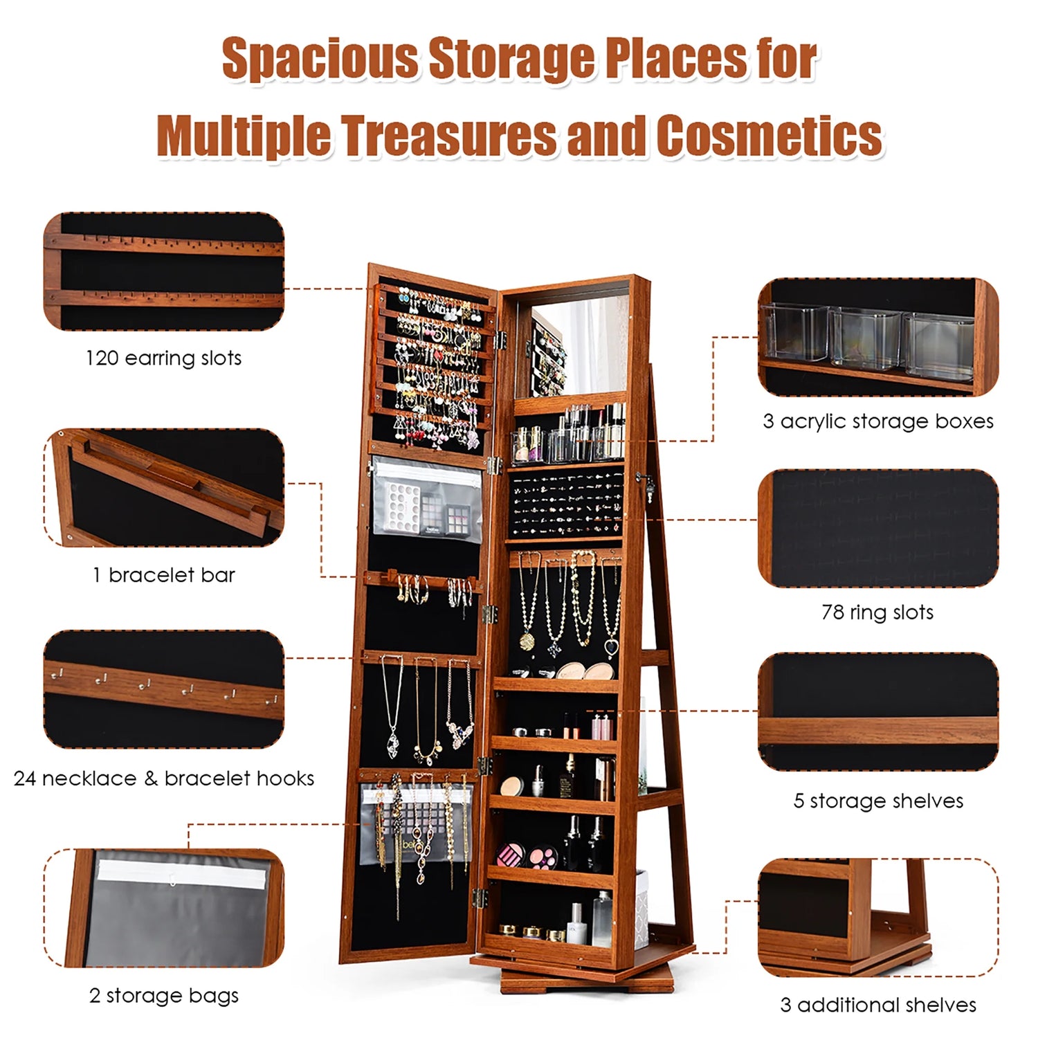 360Degree Rotatable Jewelry Cabinet 2-In-1 Lockable Mirrored Organizer Brown