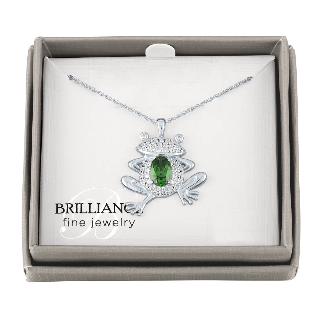 Frog Pendant Necklace – Simulated Emerald &amp; Cubic Zirconia in Sterling Silver, 18”