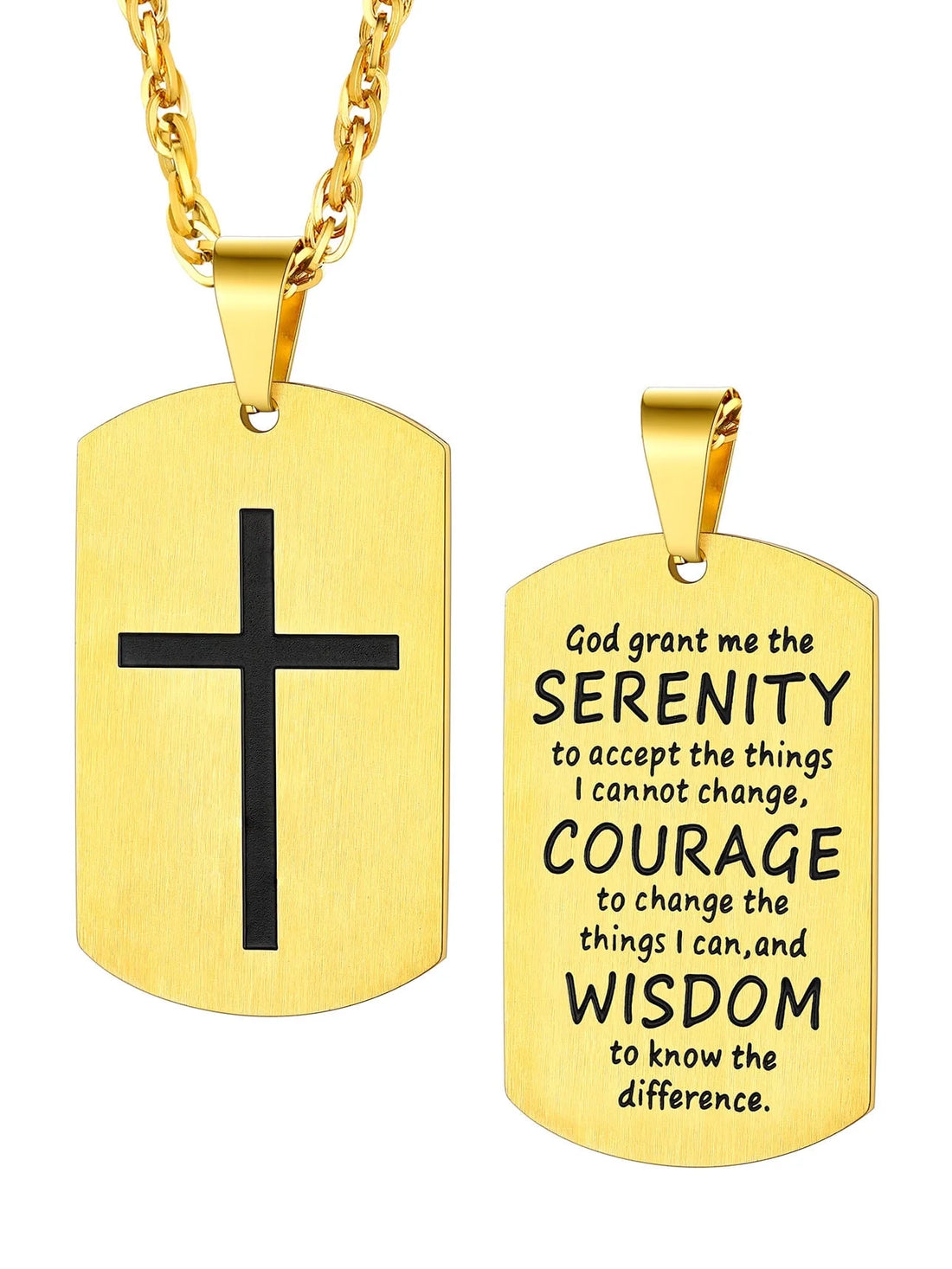 Gold Plated Dog Tag Necklace – Military Tag Cross Christian Religious Jewelry | Bible Verse Inspirational Gift for Husband, Father, Son