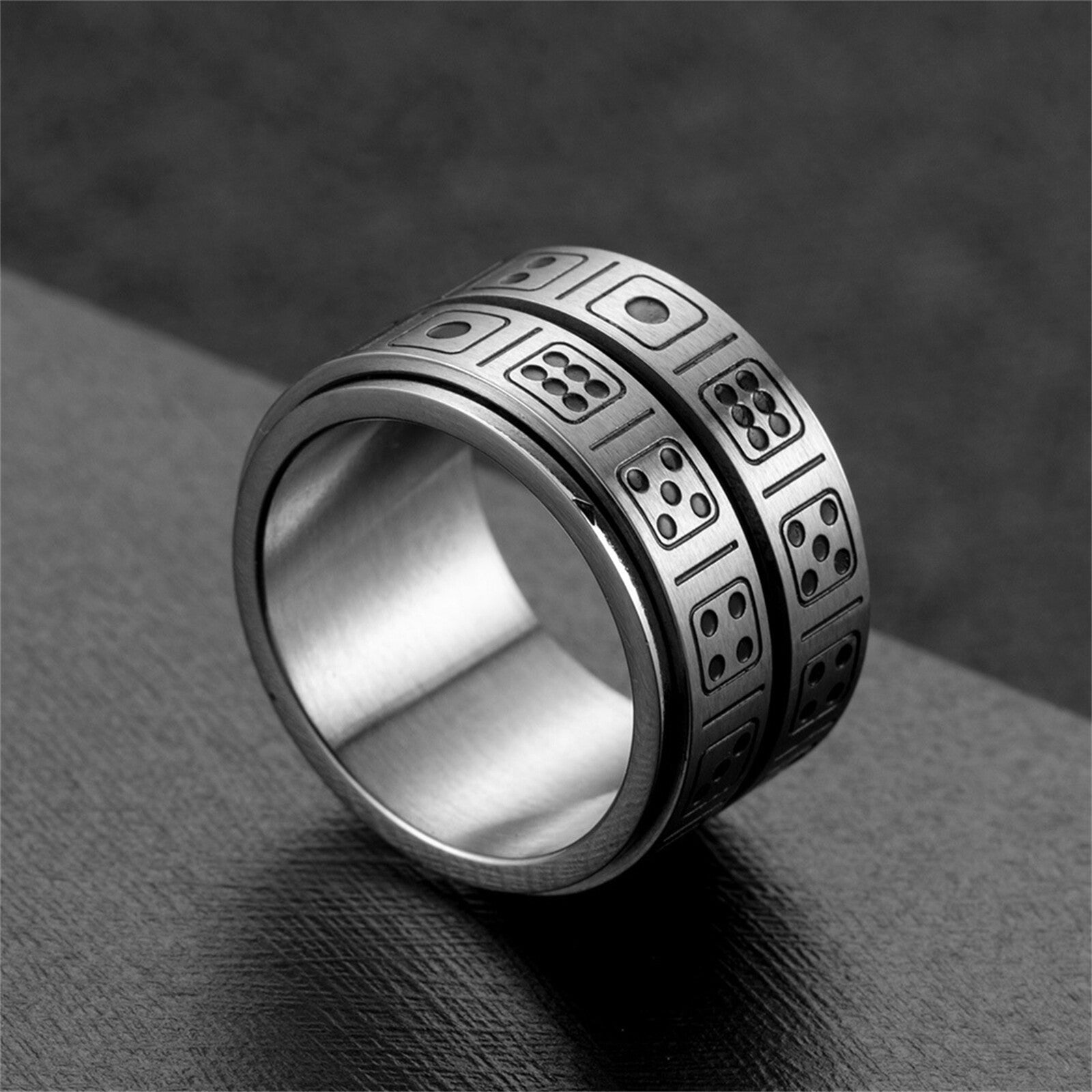 13MM Men’s Dice Spinner Ring – Anti-Anxiety Fidget Band for Stress Relief | Wide Stainless Steel Ring