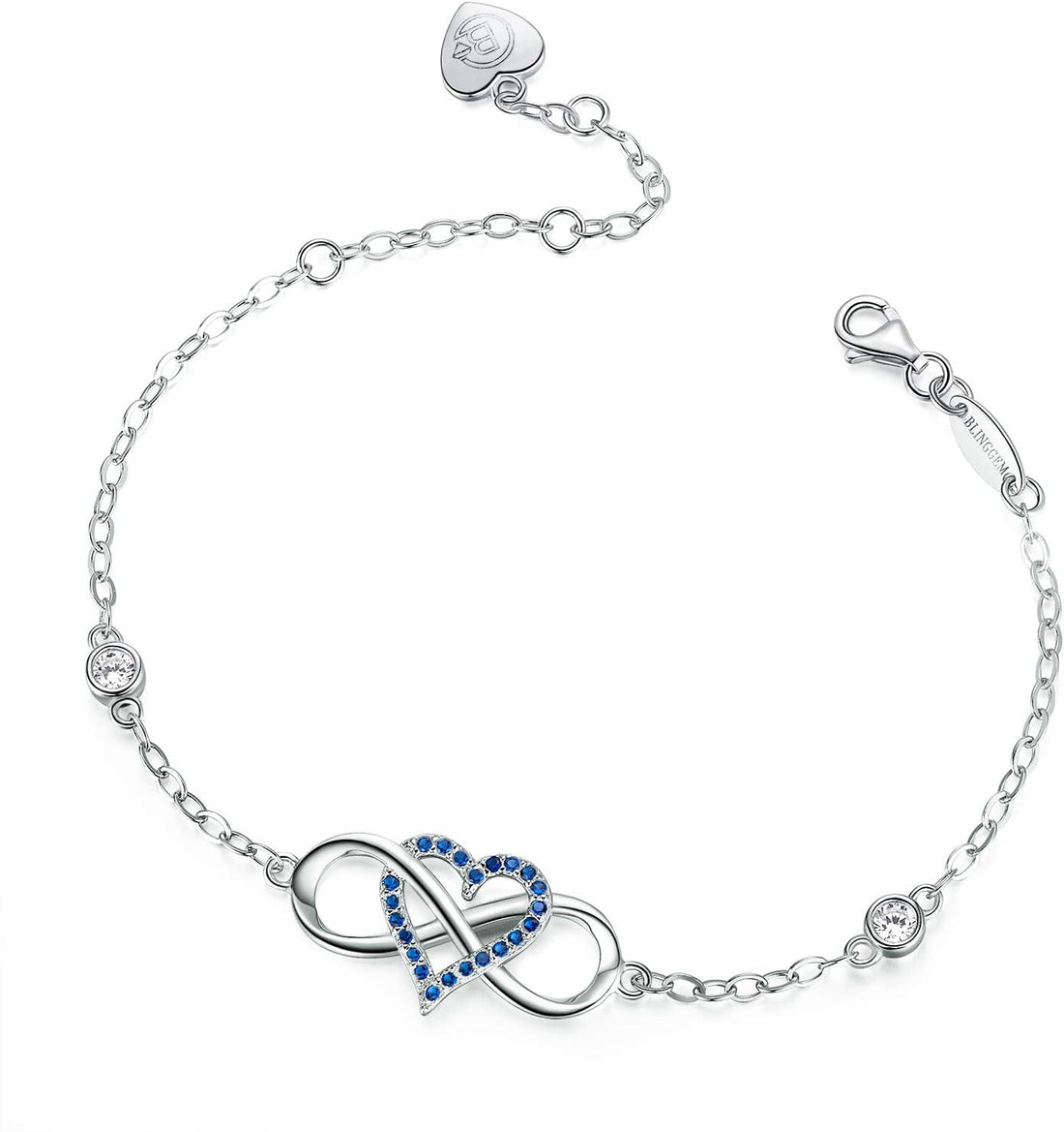 925 Sterling Silver “Something Blue” Gemstone &amp; Pink Cubic Zirconia Infinity Heart Charm Bracelet – Wedding Jewelry Gift for Women, Wife, Mom