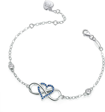 925 Sterling Silver “Something Blue” Gemstone &amp; Pink Cubic Zirconia Infinity Heart Charm Bracelet – Wedding Jewelry Gift for Women, Wife, Mom