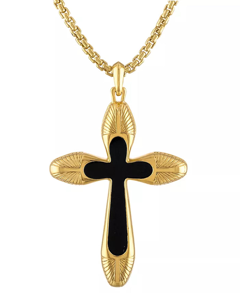 Men’s Icon Black Agate Cross Pendant Necklace – 14K Gold-Plated Sterling Silver with 24” + 2” Extender