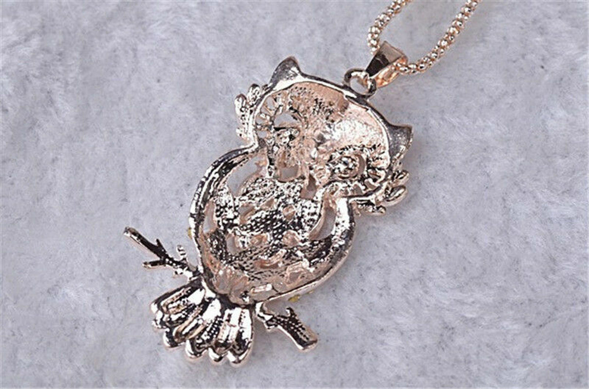 Fashion Sweater Chain Owl Necklace with Opal Stone Pendant – Trendy Sweater Chain Jewelry