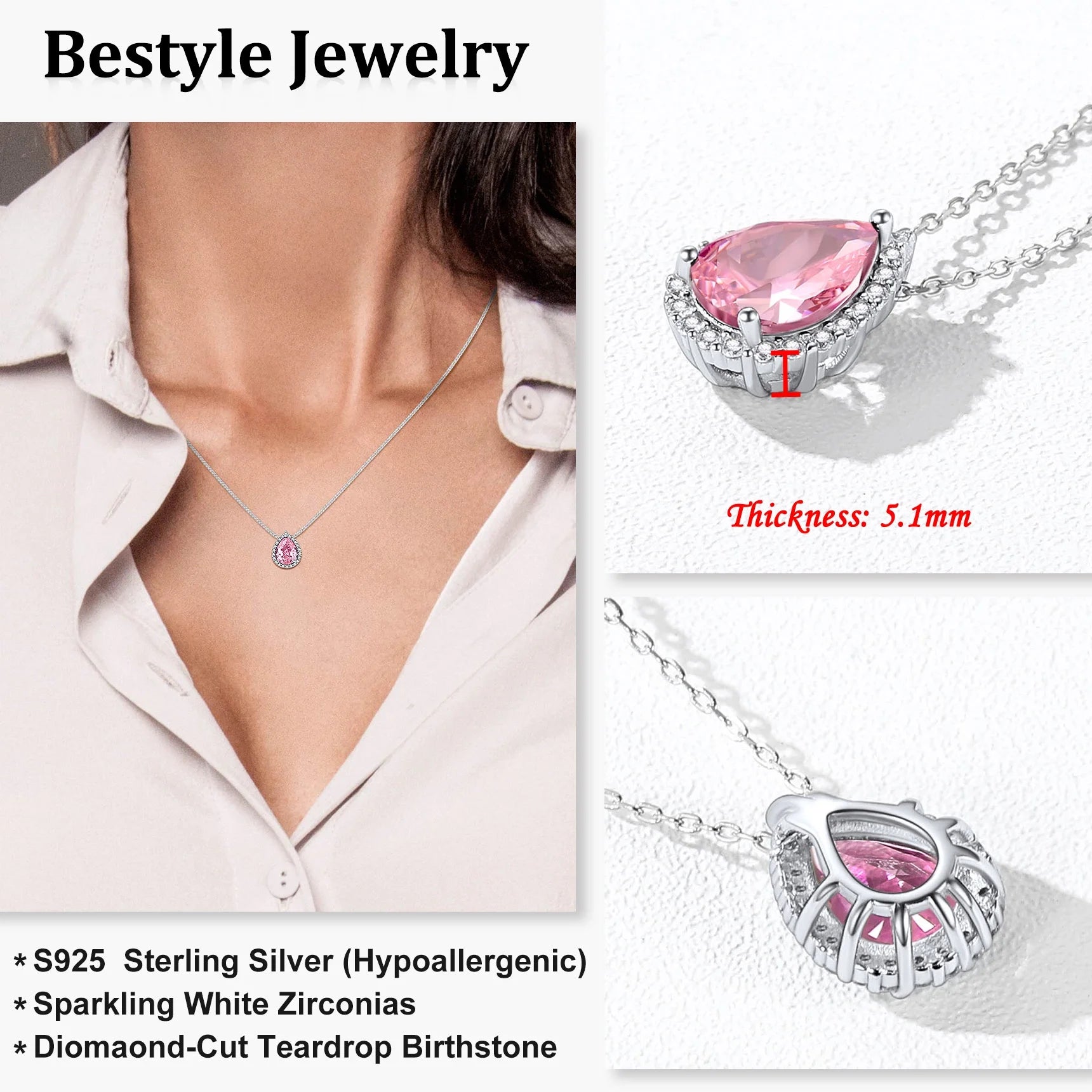 Created Diamond October Tourmaline Teardrop Birthstone Pendant Necklace – Women’s Sterling Silver CZ Jewelry Gift