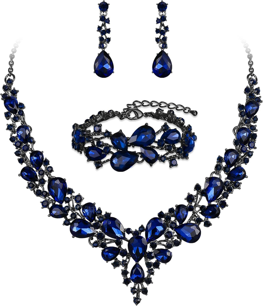 Elegant Austrian Crystal Teardrop Cluster Bridal Jewelry Set – Statement Necklace, Dangle Earrings &amp; Link Bracelet for Women