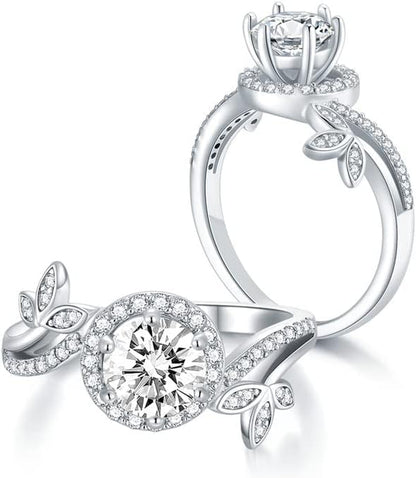1.38 Carat Halo Moissanite Engagement Ring – Platinum Plated 925 Sterling Silver Ring for Women | Elegant Moissanite Bridal Jewelry