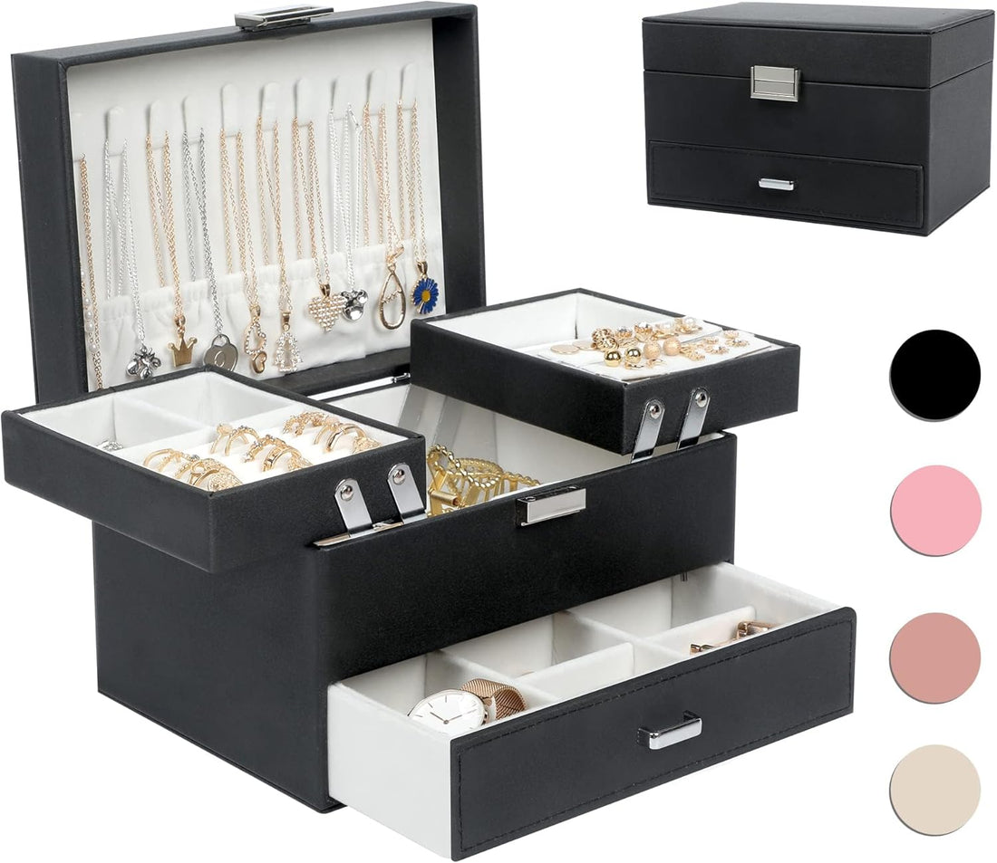 3-Layer Jewelry Box for Women &amp; Girls – Black Jewelry Organizer Case for Rings, Earrings, Necklaces &amp; Bracelets