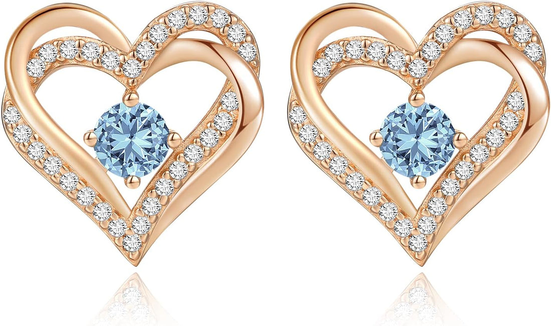 💖 Forever Love Heart Stud Earrings for Women – 925 Sterling Silver Birthstone Earrings | Romantic Jewelry Gift for Wife, Mom, or Her
