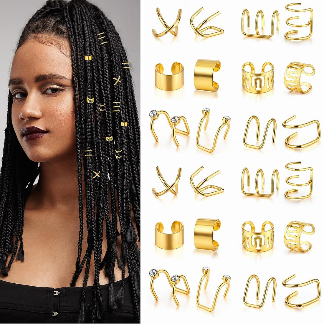 24PCS Hair Accessories Loc Jewelry – Adjustable Hair Rings &amp; Non-Piercing Ear Clips for Braids