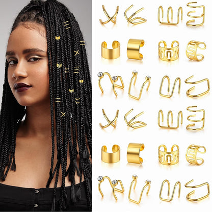 24PCS Hair Accessories Loc Jewelry – Adjustable Hair Rings &amp; Non-Piercing Ear Clips for Braids