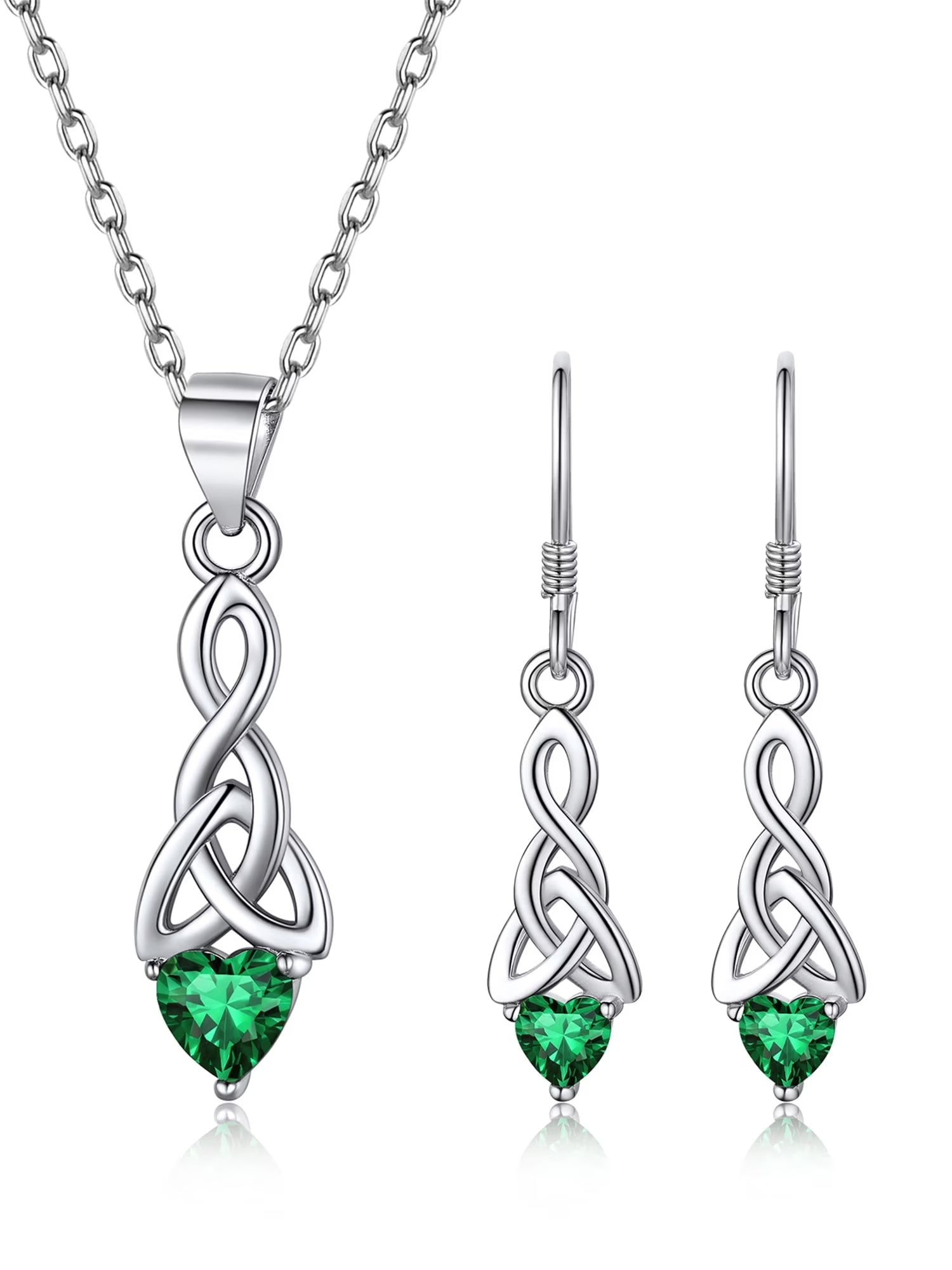 💚 925 Sterling Silver Jewelry Set for Women – May Emerald Birthstone Heart Celtic Knot Necklace &amp; Drop Earrings | Dainty Jewelry Gift for Mom, Daughter, Wife, or Friend