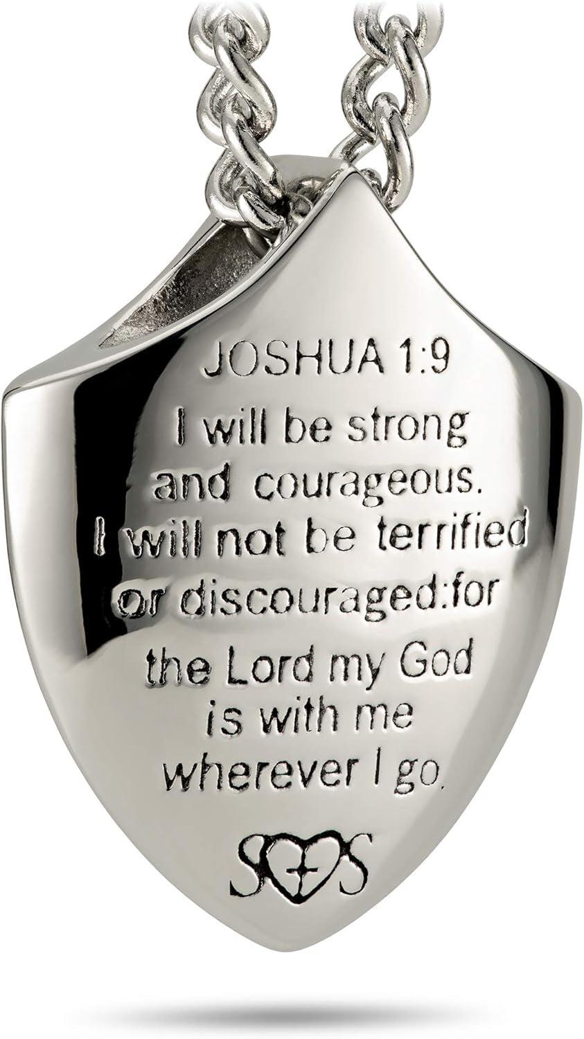 Cross Shield Necklace – Stainless Steel Pendant Inscribed with Joshua 1:9 | Symbol of Courage and Faith