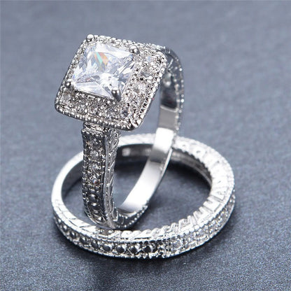 1 Carat Princess Cut Moissanite Wedding Set – Bridal Engagement Ring, Vintage Milgrain &amp; Halo Design in 18K White Gold over Silver