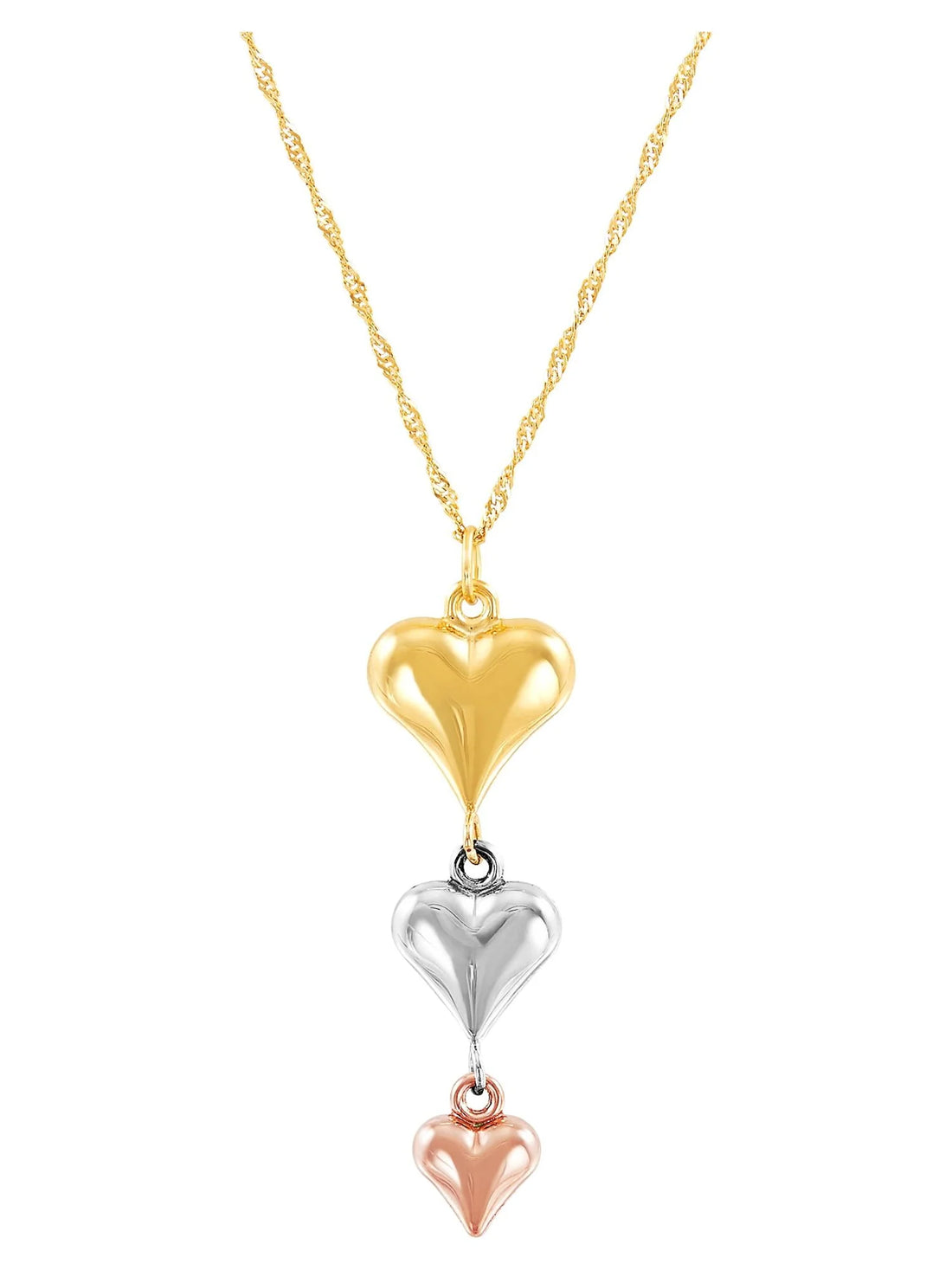 10K Yellow, White &amp; Pink Gold Puffed Heart Necklace – 18&quot;