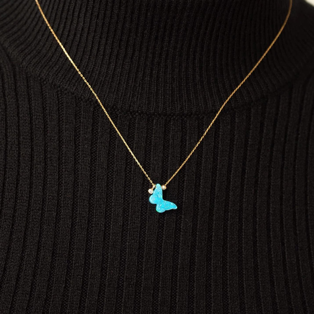 14K Gold Diamond Butterfly Opal Necklace – Elegant Jewelry for Women