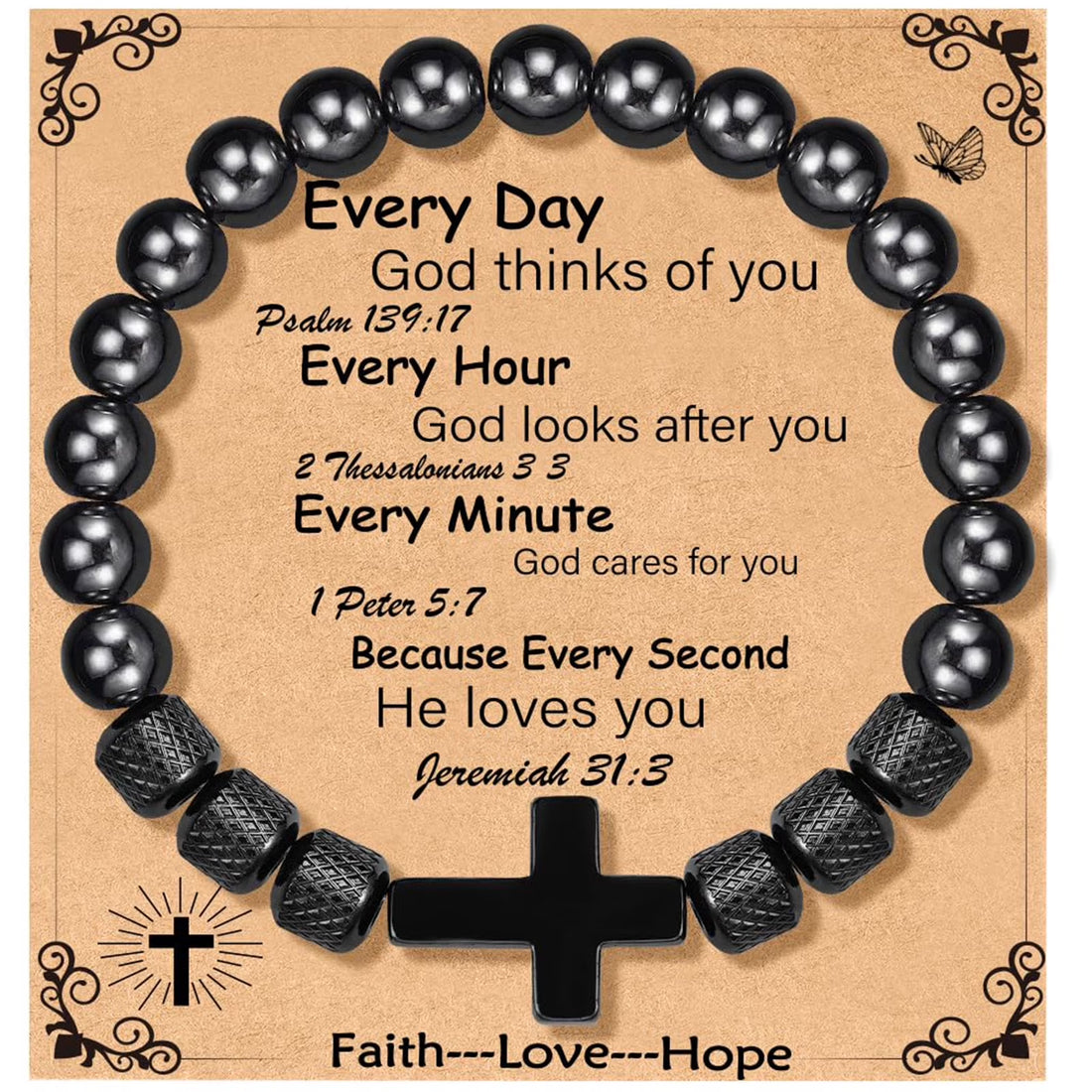 ✝️ Black Cross Bead Bracelet for Men – Obsidian Stone Christian Religious Jewelry Gift for Father, Husband, Son, or Grandpa