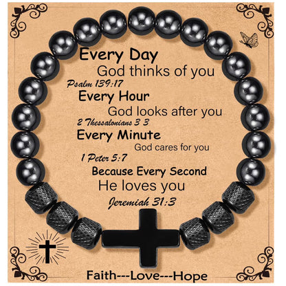 ✝️ Black Cross Bead Bracelet for Men – Obsidian Stone Christian Religious Jewelry Gift for Father, Husband, Son, or Grandpa