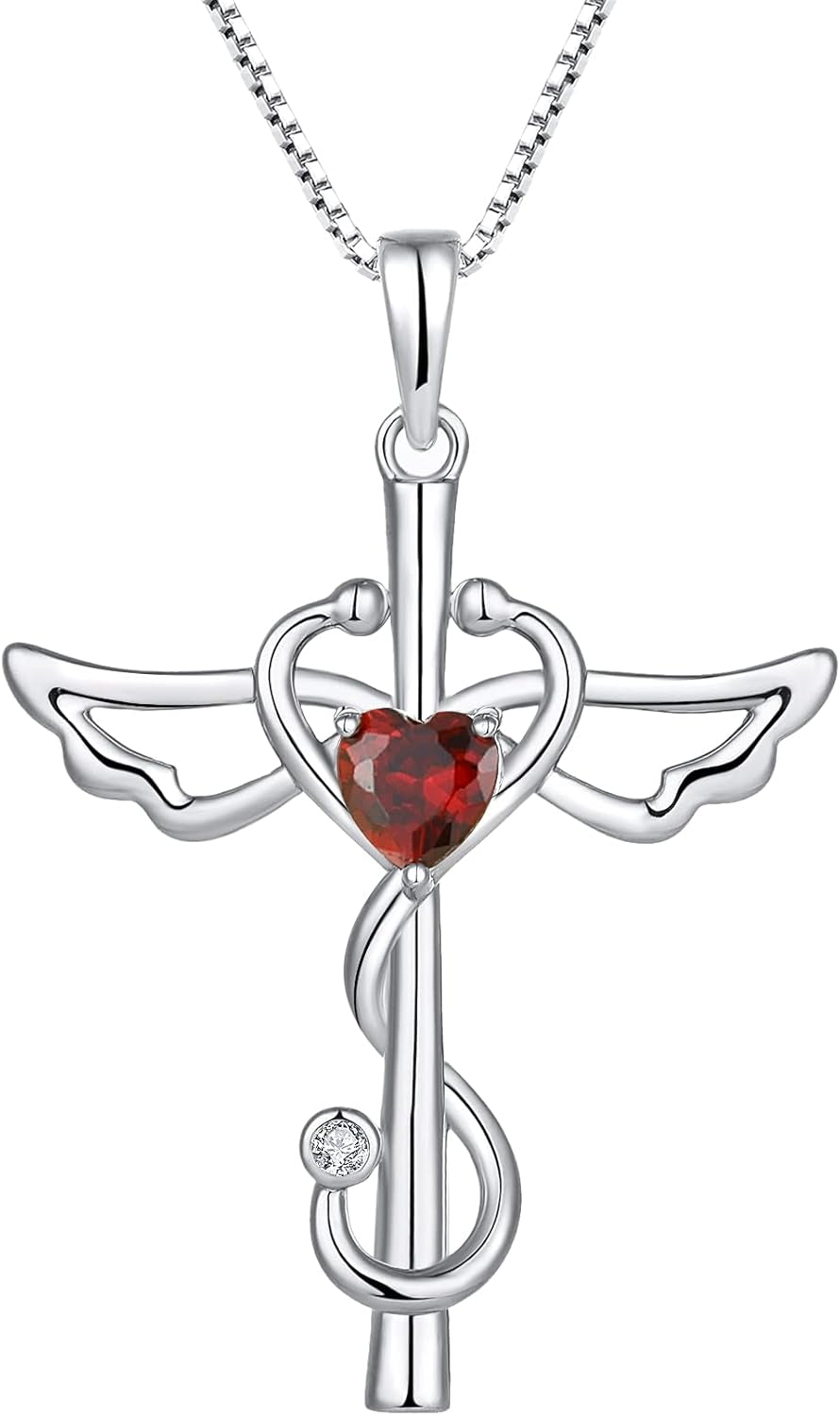 Stethoscope Cross Pendant Necklace 925 Sterling Silver Angel Wings Heart Nurse Jewelry for Women