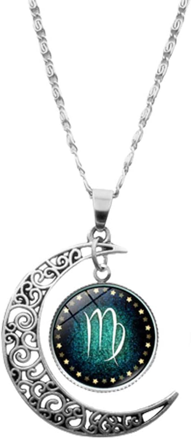 Zodiac Constellation Crescent Necklace – Luminous Gemstone Pendant on Long Sweater Chain