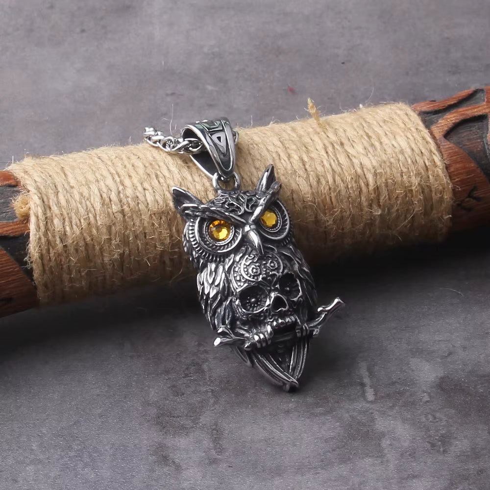 Gothic Owl Skull Viking Pendant Necklace – Stainless Steel Punk Biker Jewelry for Men