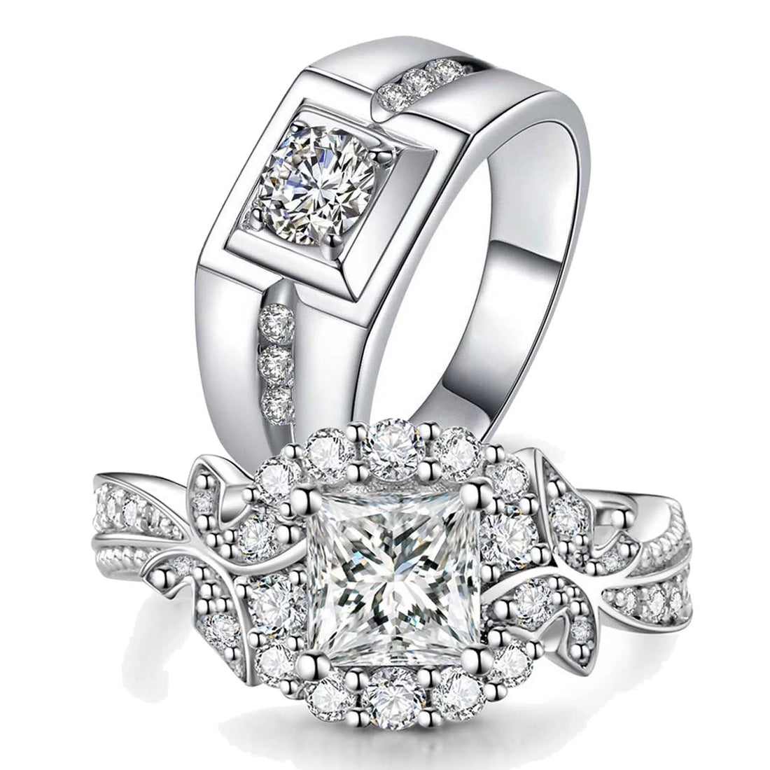Matching Couple Rings – 10Kt White Gold Plated CZ Wedding Ring Set for Women &amp; Men