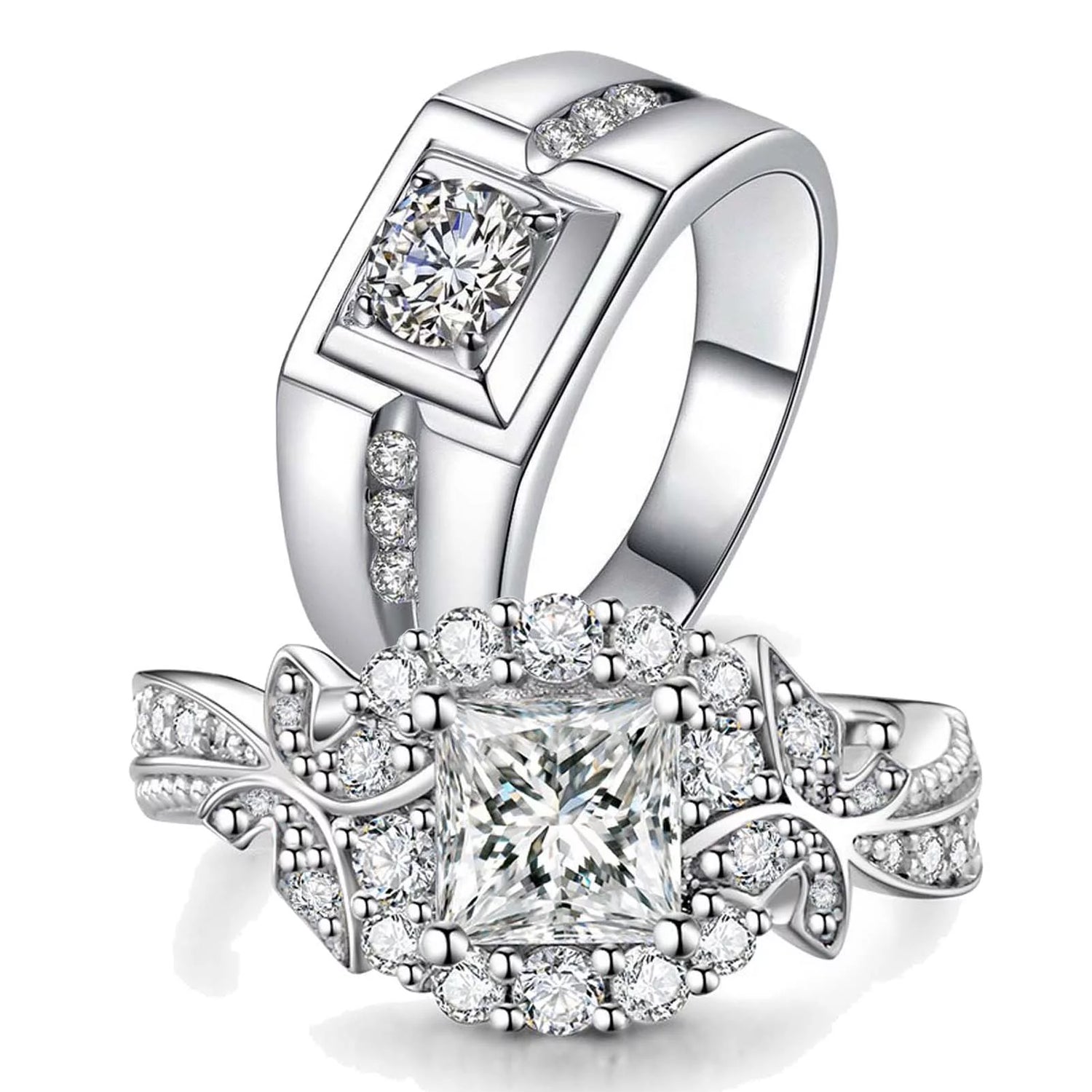Matching Couple Rings – 10Kt White Gold Plated CZ Wedding Ring Set for Women &amp; Men