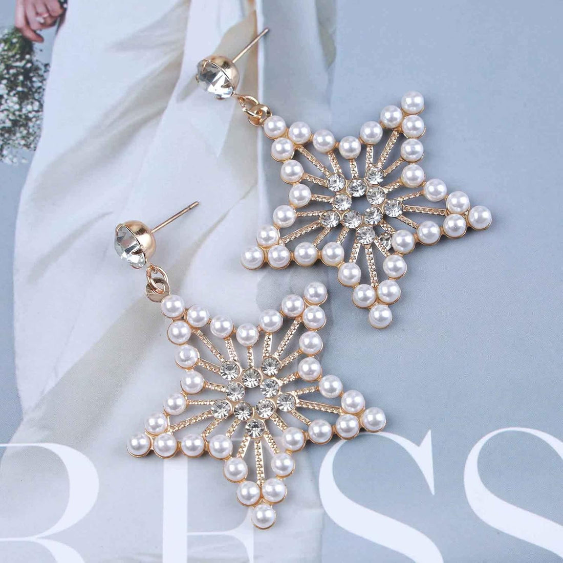 Vintage Pearl Star Drop Earrings – Crystal &amp; Rhinestone Gold Star Dangle Statement Jewelry for Women &amp; Girls