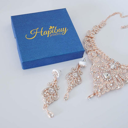 Crystal Wedding Jewelry Set for Women – Rose Gold &amp; Silver Bridal Necklace and Earrings Set – Elegant Statement Jewelry for Brides