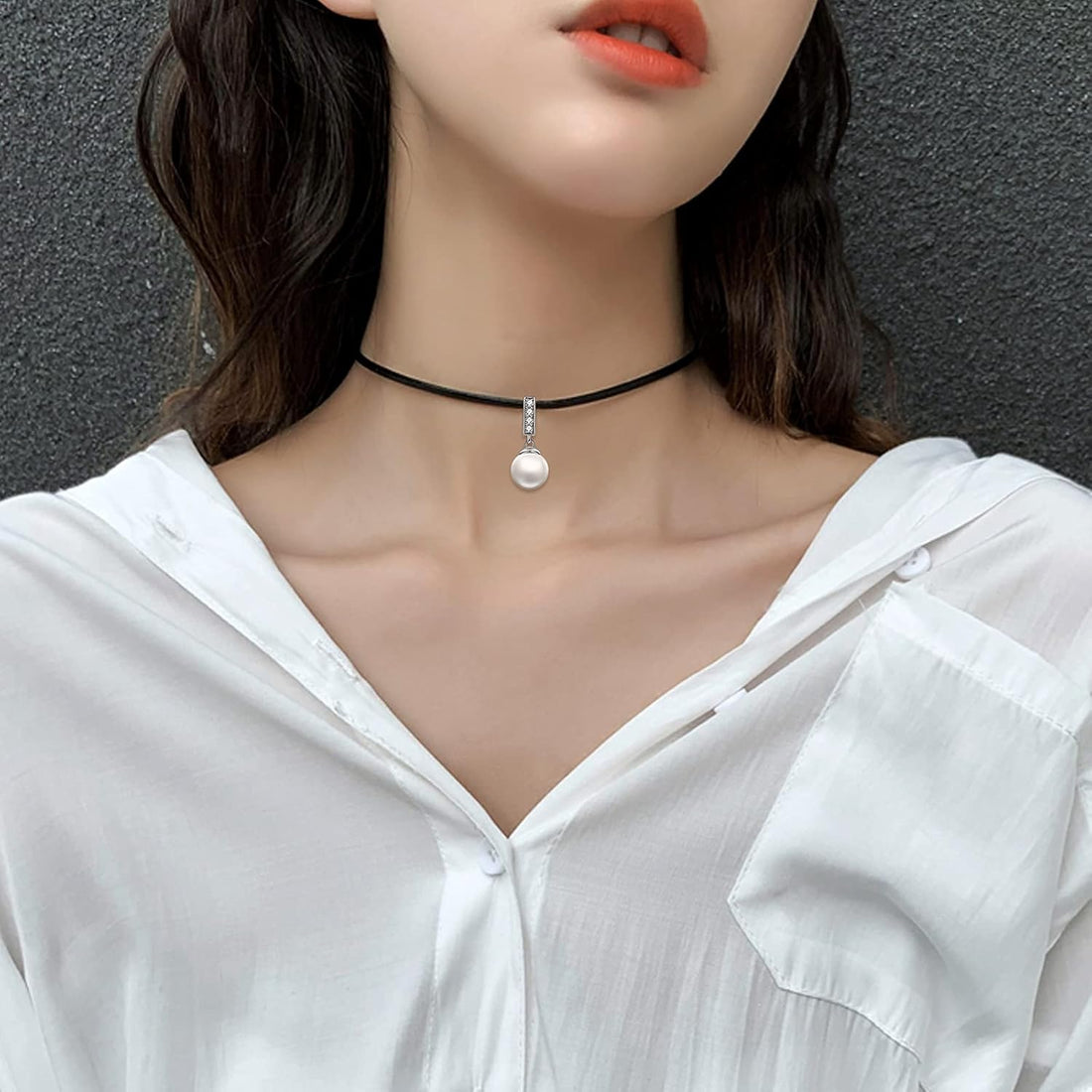 Sterling Silver Pearl Choker Necklace with Faux Leather Cord – Jewelry Gift for Women, 14+2&quot;