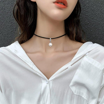 Sterling Silver Pearl Choker Necklace with Faux Leather Cord – Jewelry Gift for Women, 14+2&quot;
