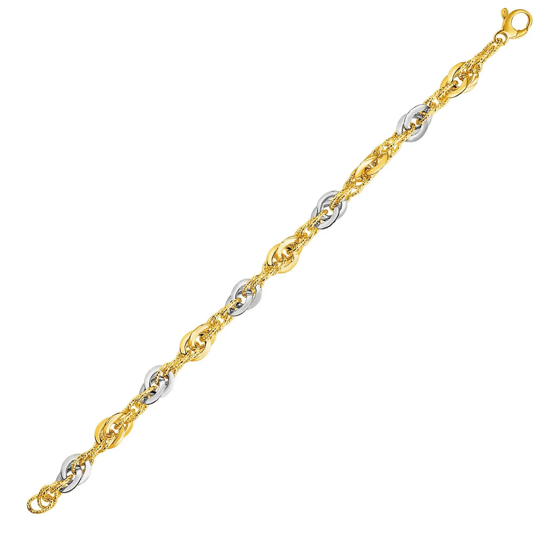 14K Two-Tone Yellow &amp; White Gold Double Link Textured Bracelet – 7.5 Inch