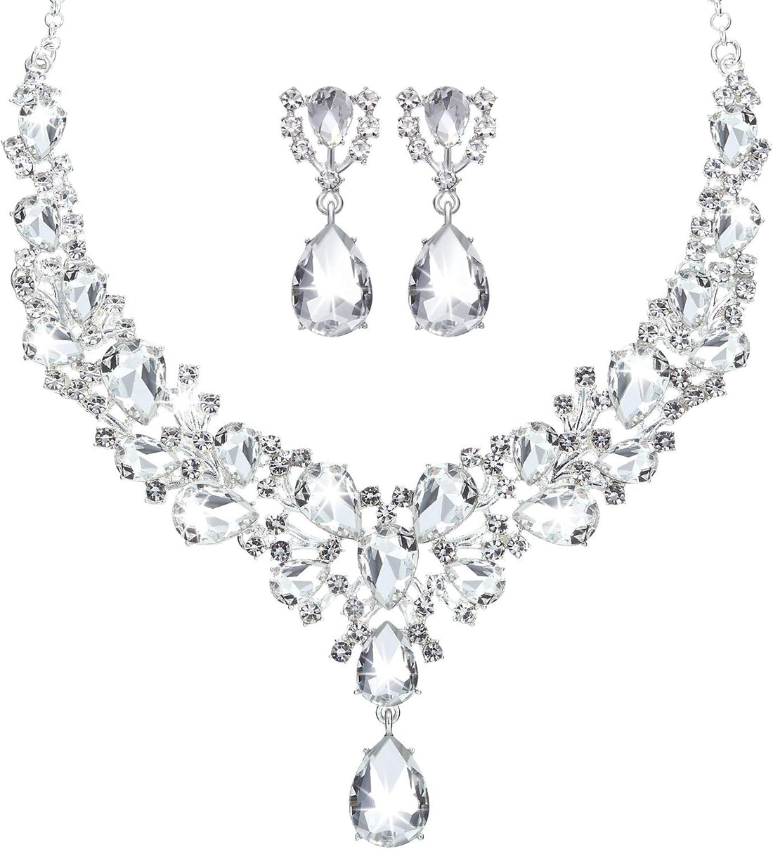 Bridal Teardrop Cluster Crystal Jewelry Set for Women – Necklace &amp; Earrings Set for Weddings, Brides, and Formal Events