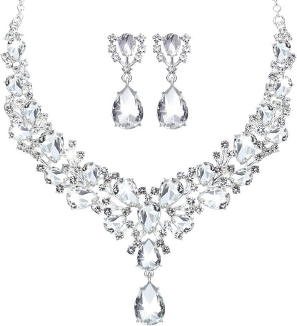 Bridal Teardrop Cluster Crystal Jewelry Set for Women – Necklace &amp; Earrings Set for Weddings, Brides, and Formal Events