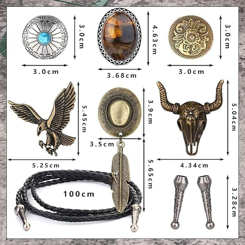 6-Piece Men’s Western Bolo Tie Set – Cowboy Leather Neckties with Turquoise, Tiger Eye &amp; Native American Pendants