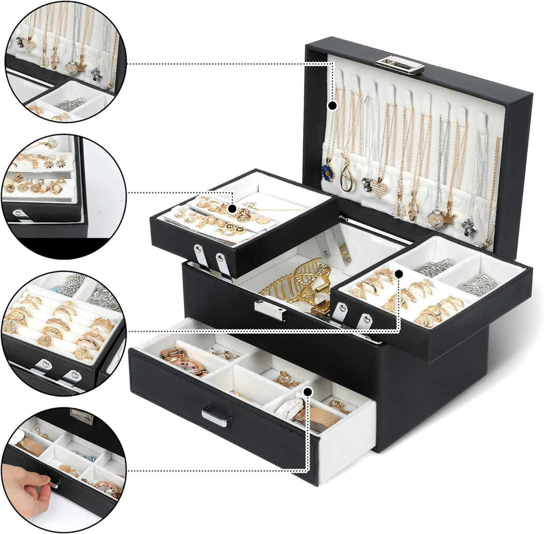 3-Layer Jewelry Box for Women &amp; Girls – Black Jewelry Organizer Case for Rings, Earrings, Necklaces &amp; Bracelets