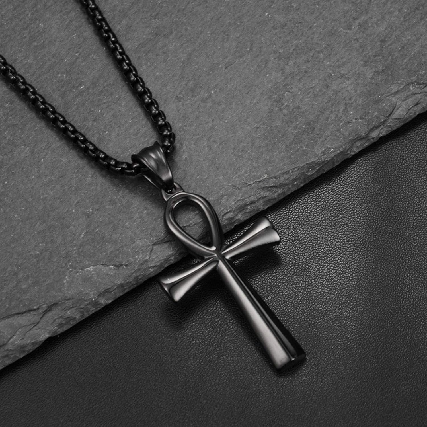 Men’s Cross Necklace – 316L Stainless Steel Jesus Ankh Pendant with Rolo Chain