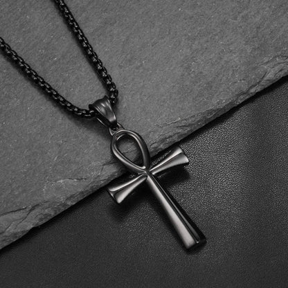 Men’s Cross Necklace – 316L Stainless Steel Jesus Ankh Pendant with Rolo Chain