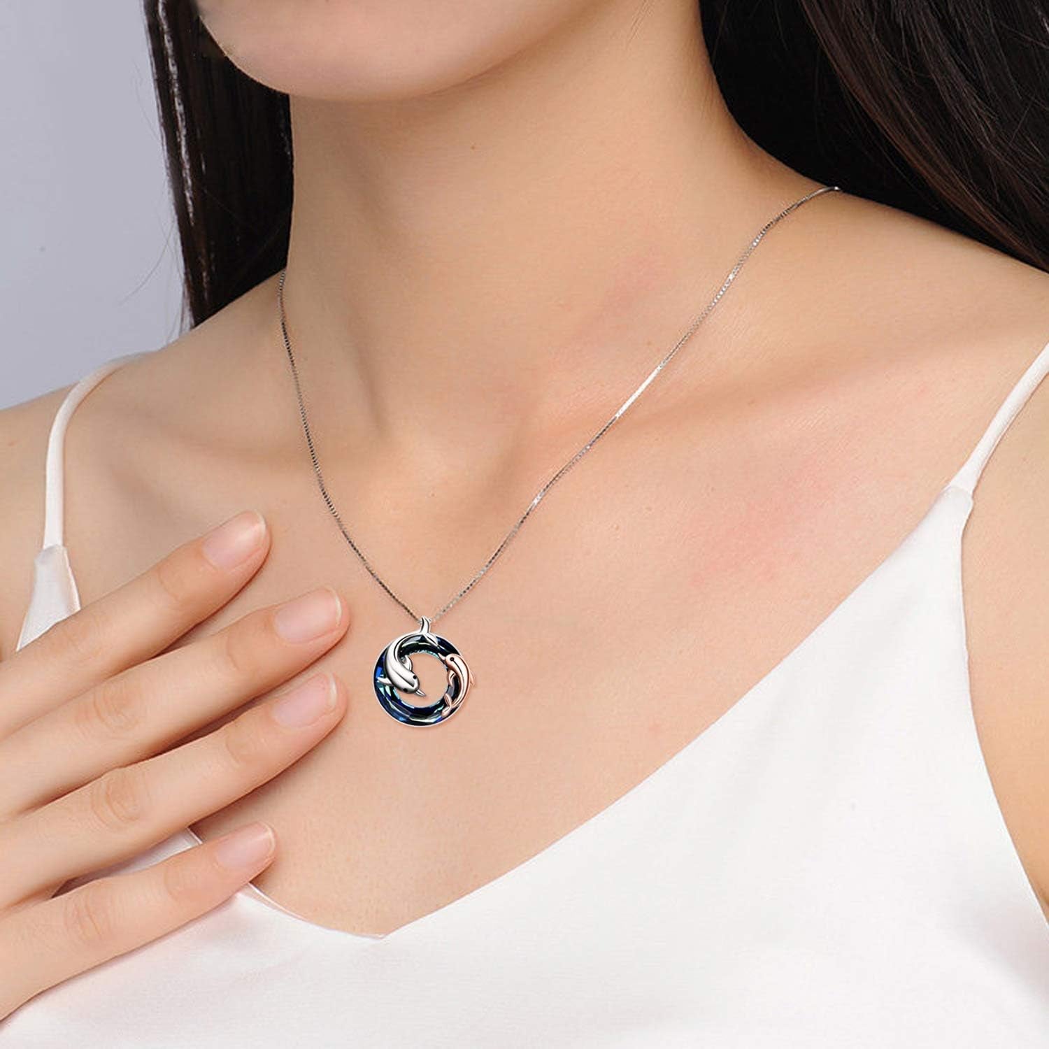 Sterling Silver Crystal Dolphin Necklace – Ocean Jewelry Gift for Women, Mom &amp; Daughter