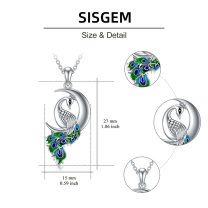Peacock Moon Crystal Necklace – 925 Sterling Silver Crescent Pendant Jewelry for Women