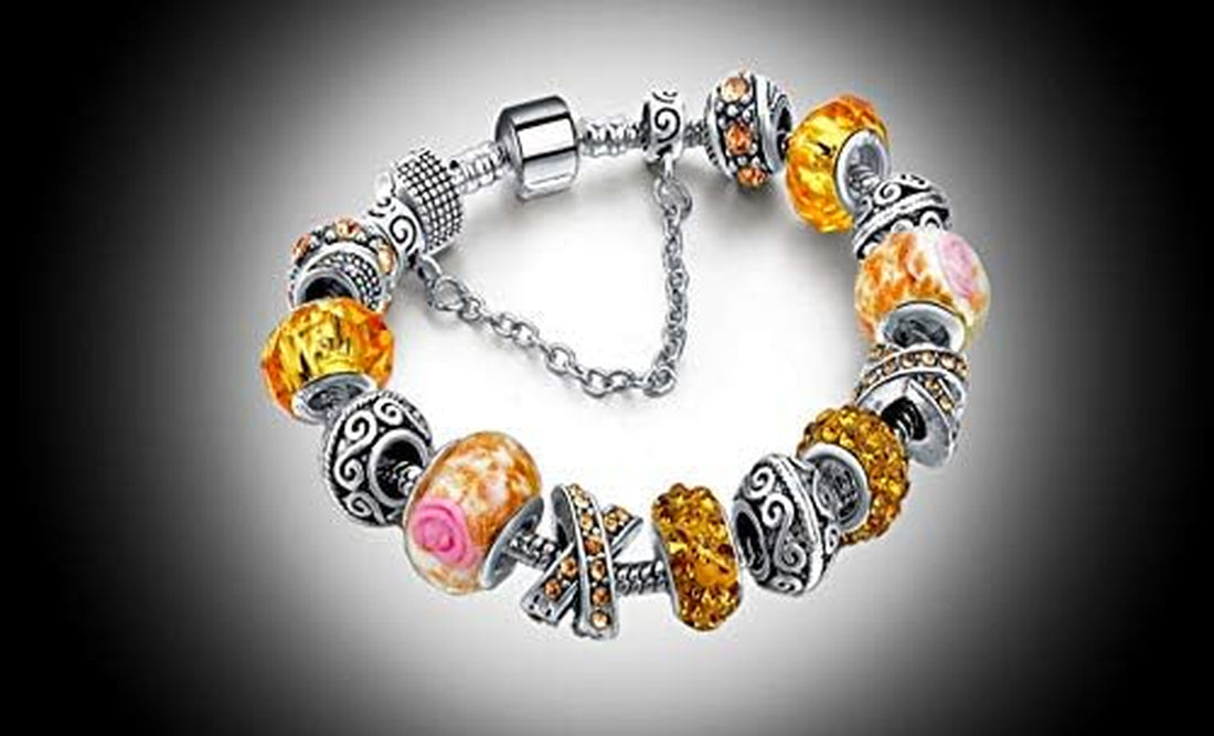 Silver Tone Charm Bracelet with Crystal &amp; Murano Glass Beads – Elegant Snake Chain Bracelet for Women | Gift Box Included