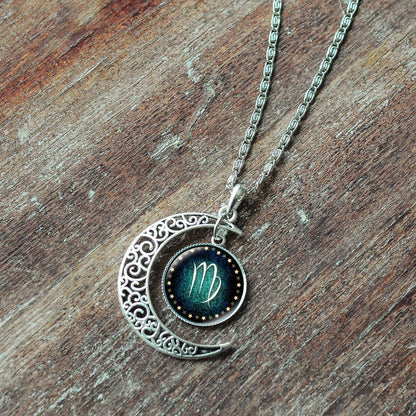 Zodiac Constellation Crescent Necklace – Luminous Gemstone Pendant on Long Sweater Chain