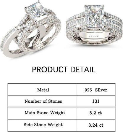 5.2 Carat Radiant Cut Engagement &amp; Wedding Ring Set for Women – 925 Sterling Silver with Side Stones – CZ Promise &amp; Anniversary Rings
