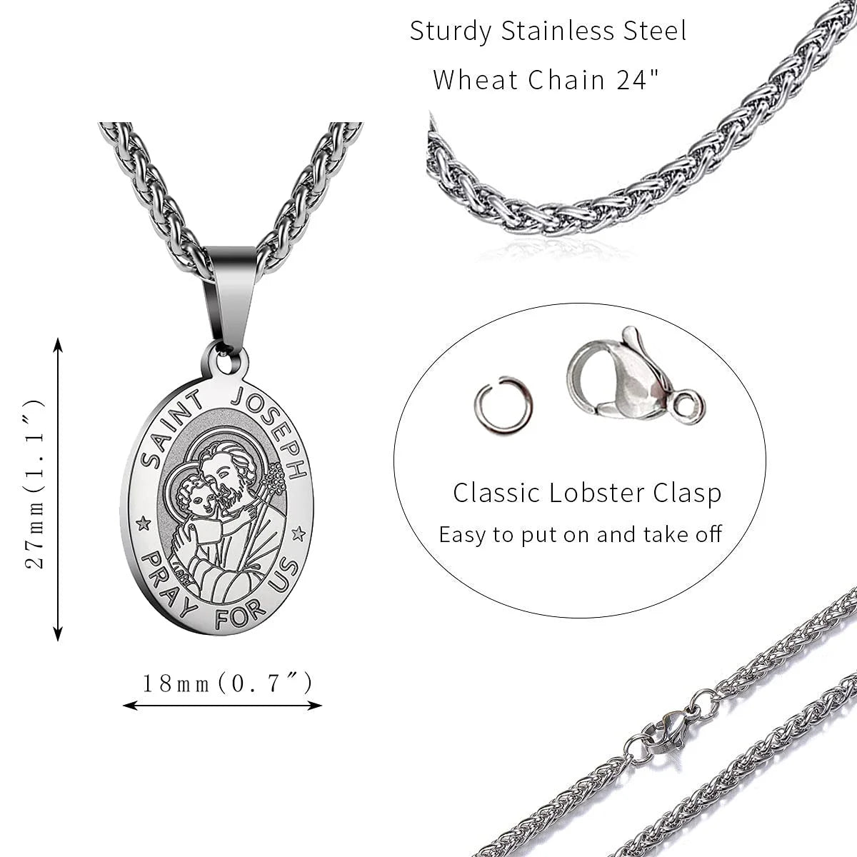 Silver Saint Joseph Necklace for Men &amp; Boys – Stainless Steel Pendant Chain, Christian Catholic Jewelry Gift